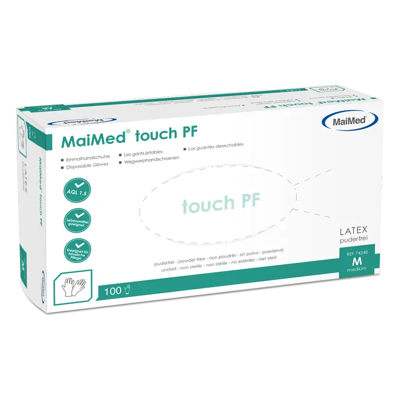 Einmalhandschuhe aus Latex, beige, mit texturierten FIngerspitzen, unsteril und puderfrei. SenioAngel-Box